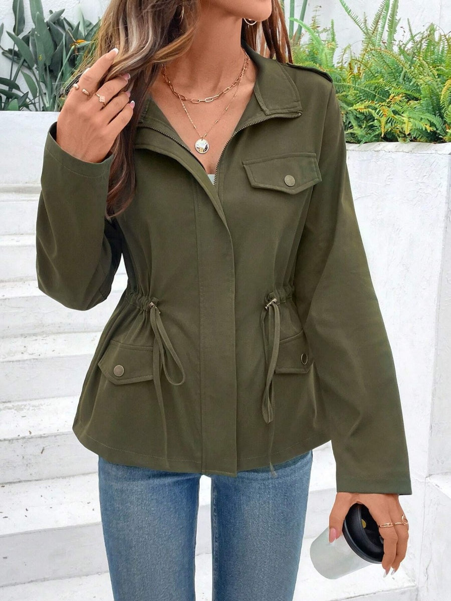 Solid Color Buttons Drawstring Jacket