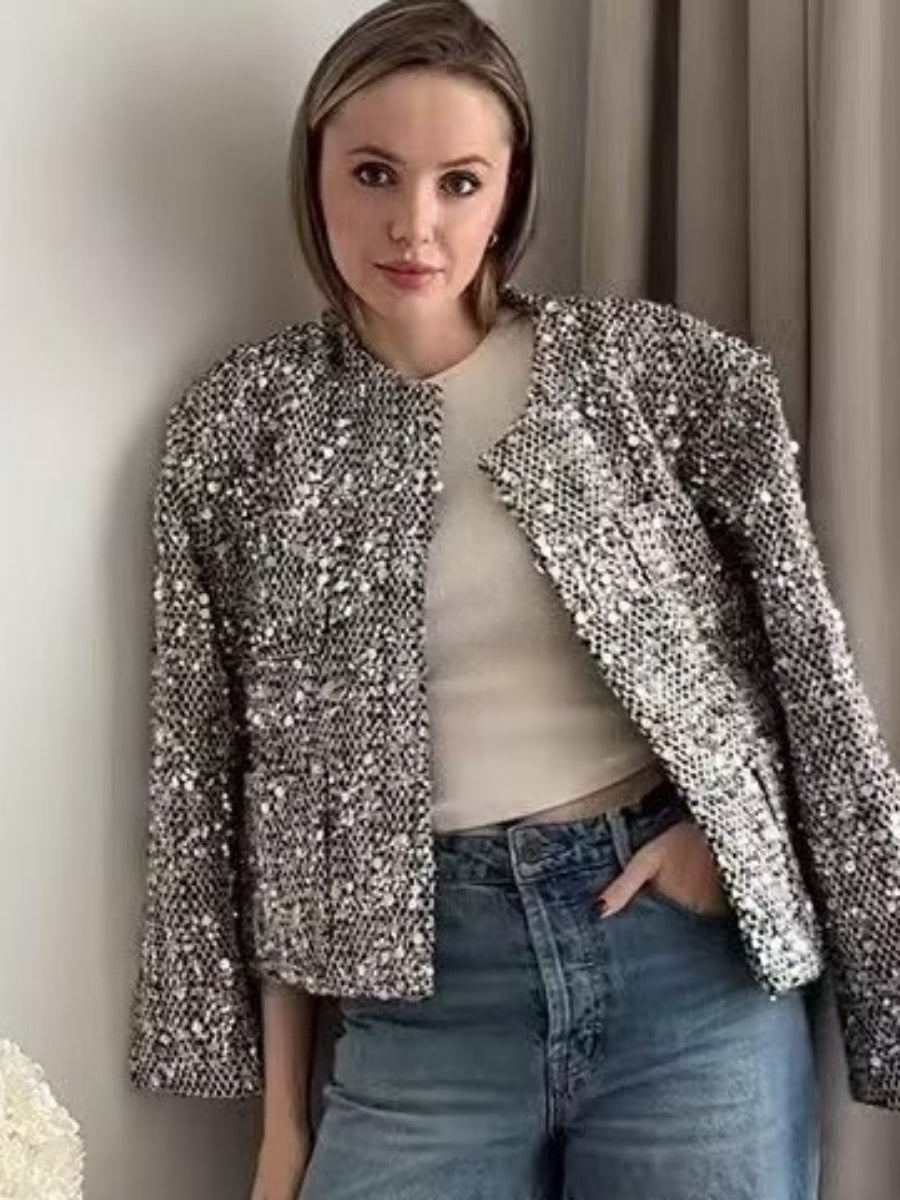 Tweed sequins Buttons Crew Neck Silver jacket