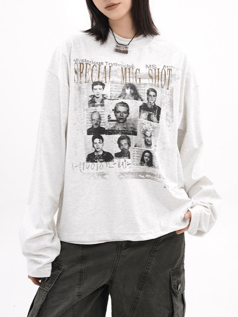 Letter Printed Flower Gray Long-sleeved T-shirt