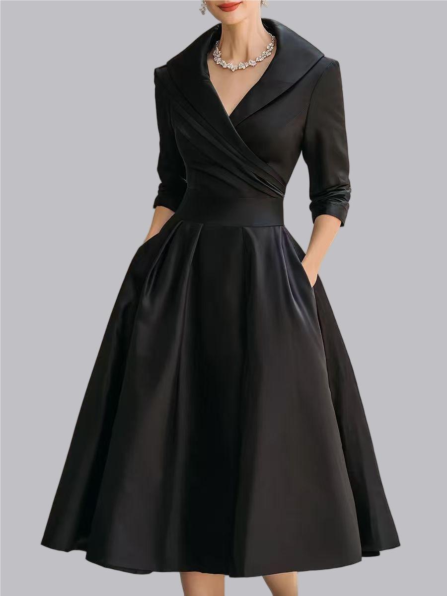 Long Sleeve Wrap-up Big Swing Solid Color Midi Dresses