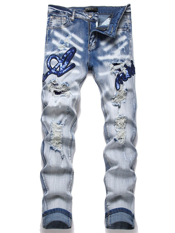 Punk Blue Heavy Craftsmanship Slim Stretch Ripped Patch Skinny Jeans