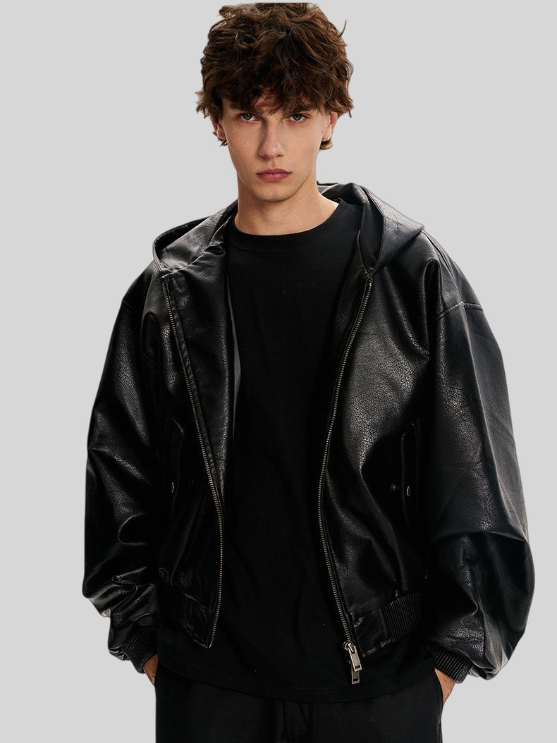 Hooded Short And Wide Black Relief Pattern Locomotive PU Jackets