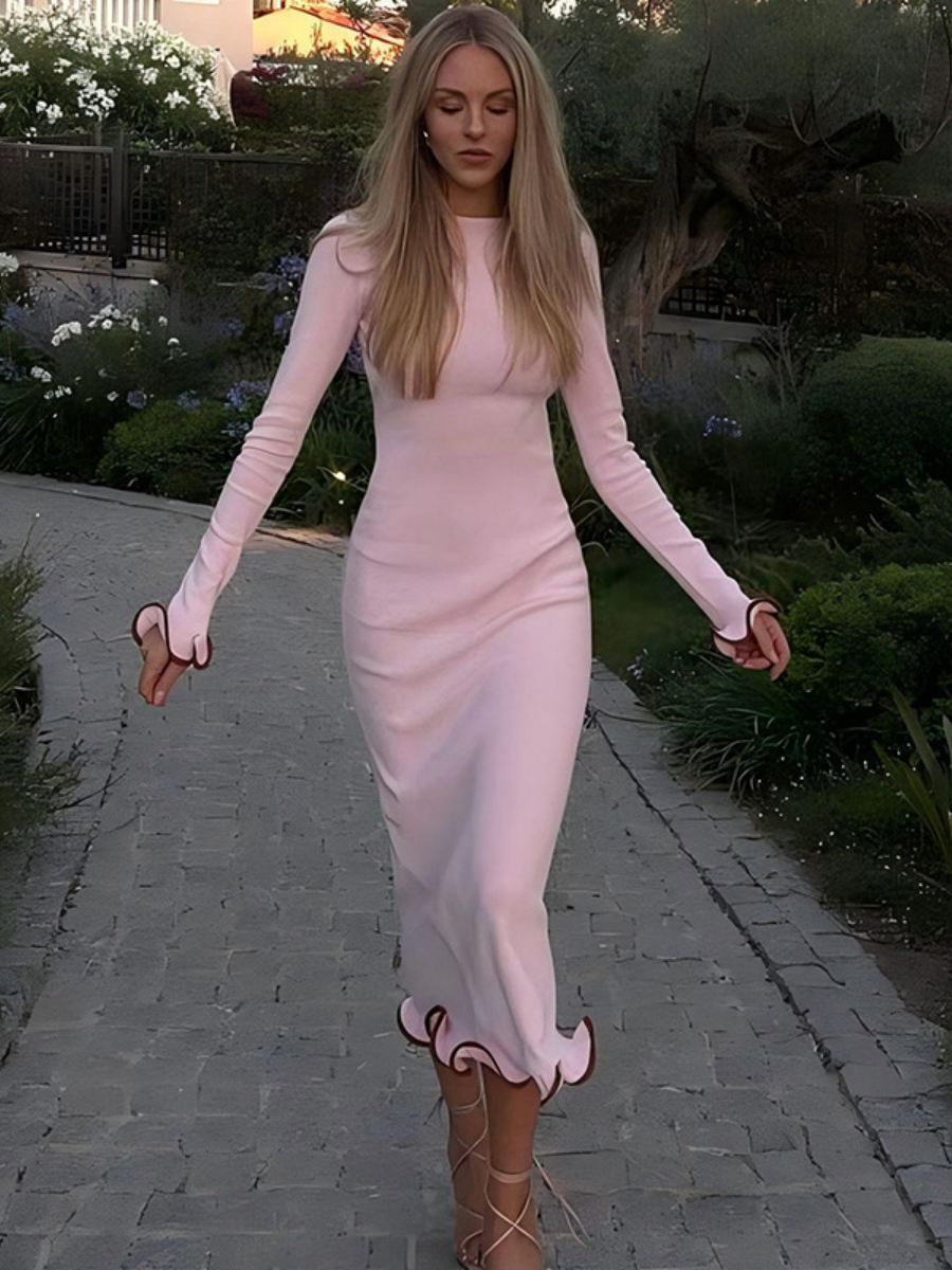 Backless Bell Sleeves Ruffled Skirt Knitting Sexy Color-blocked Long Dress