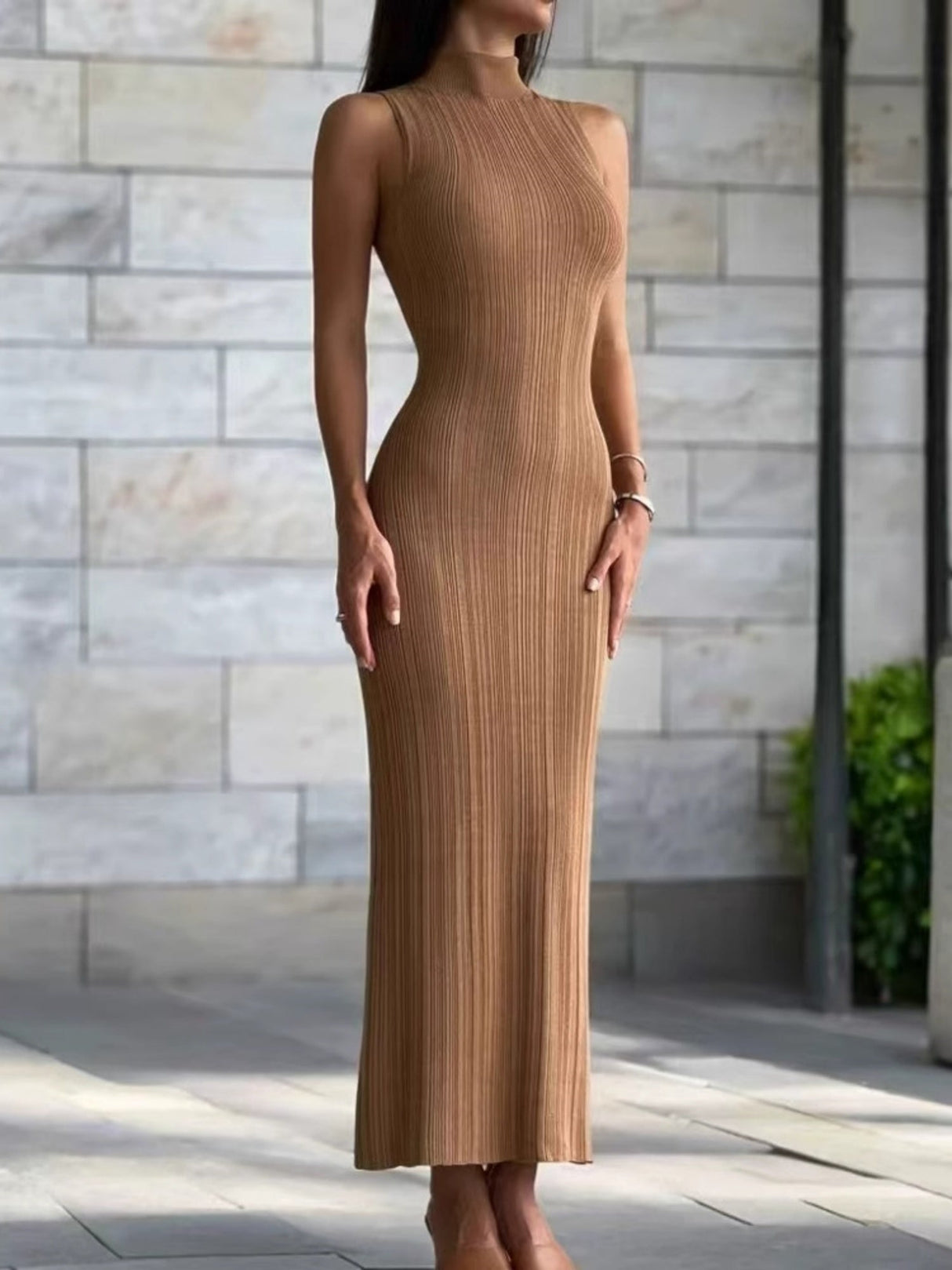 High Neck Sleeveless Bodycon Knitted Midi Dress Elegant French Dress