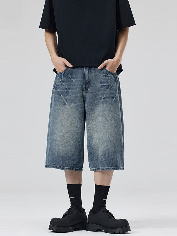 Retro Distressed Lightning Straight-fit 7 Points Denim Shorts