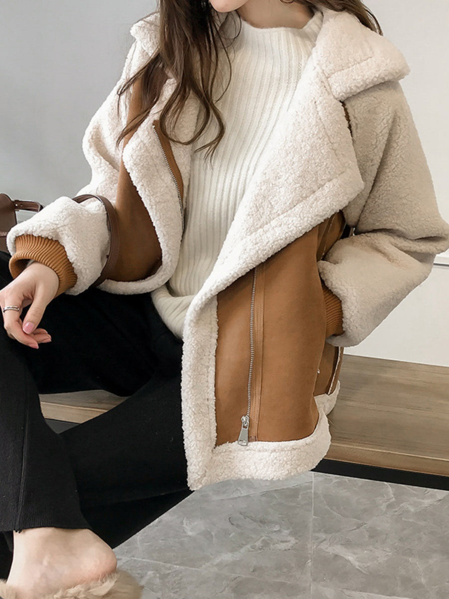 Manteau court ample en daim, fourrure, laine d'agneau et coton