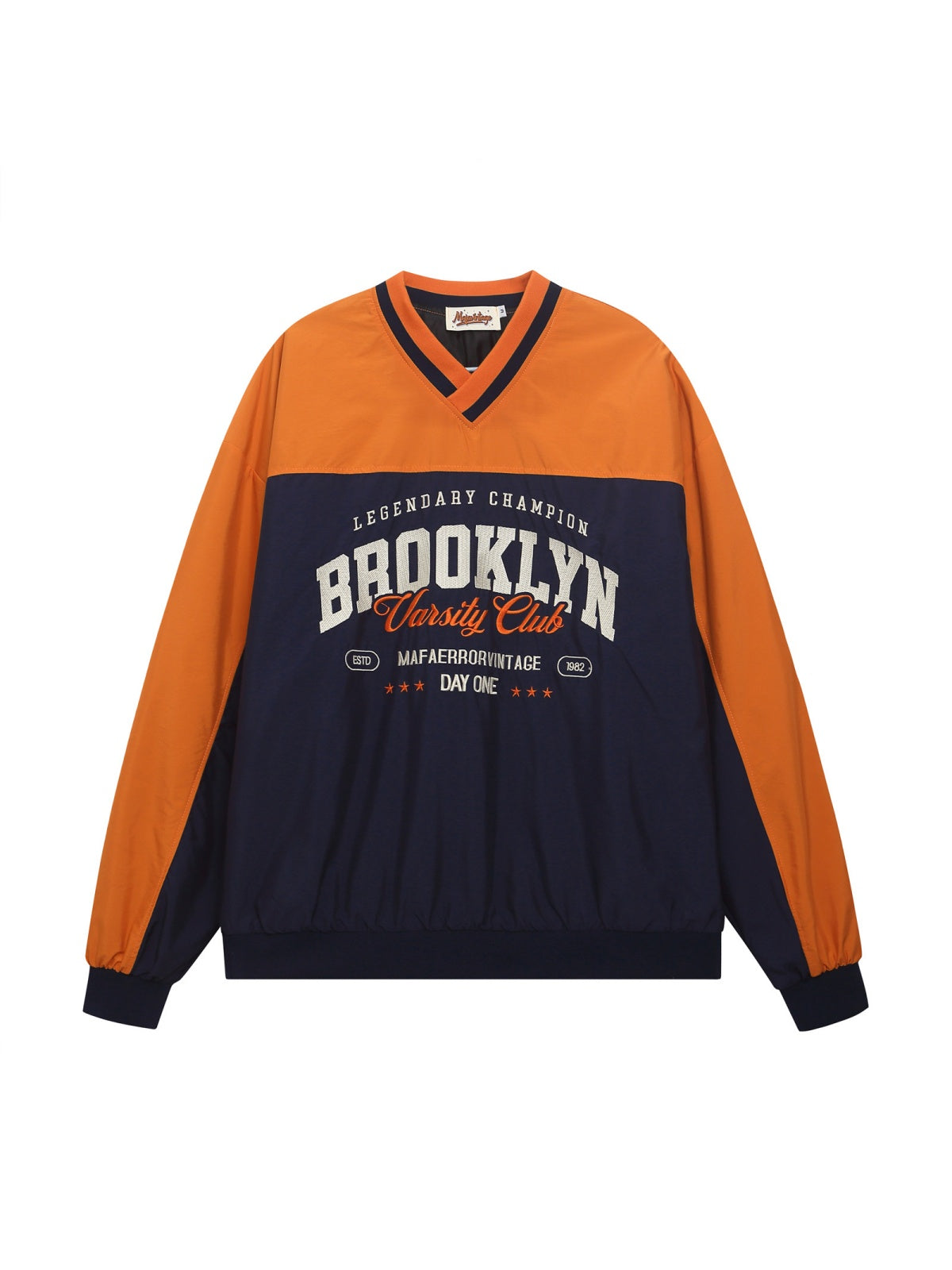 Color Contrast Splicing Letter Embroidery V-neck Loose Jersey Sweatshirt