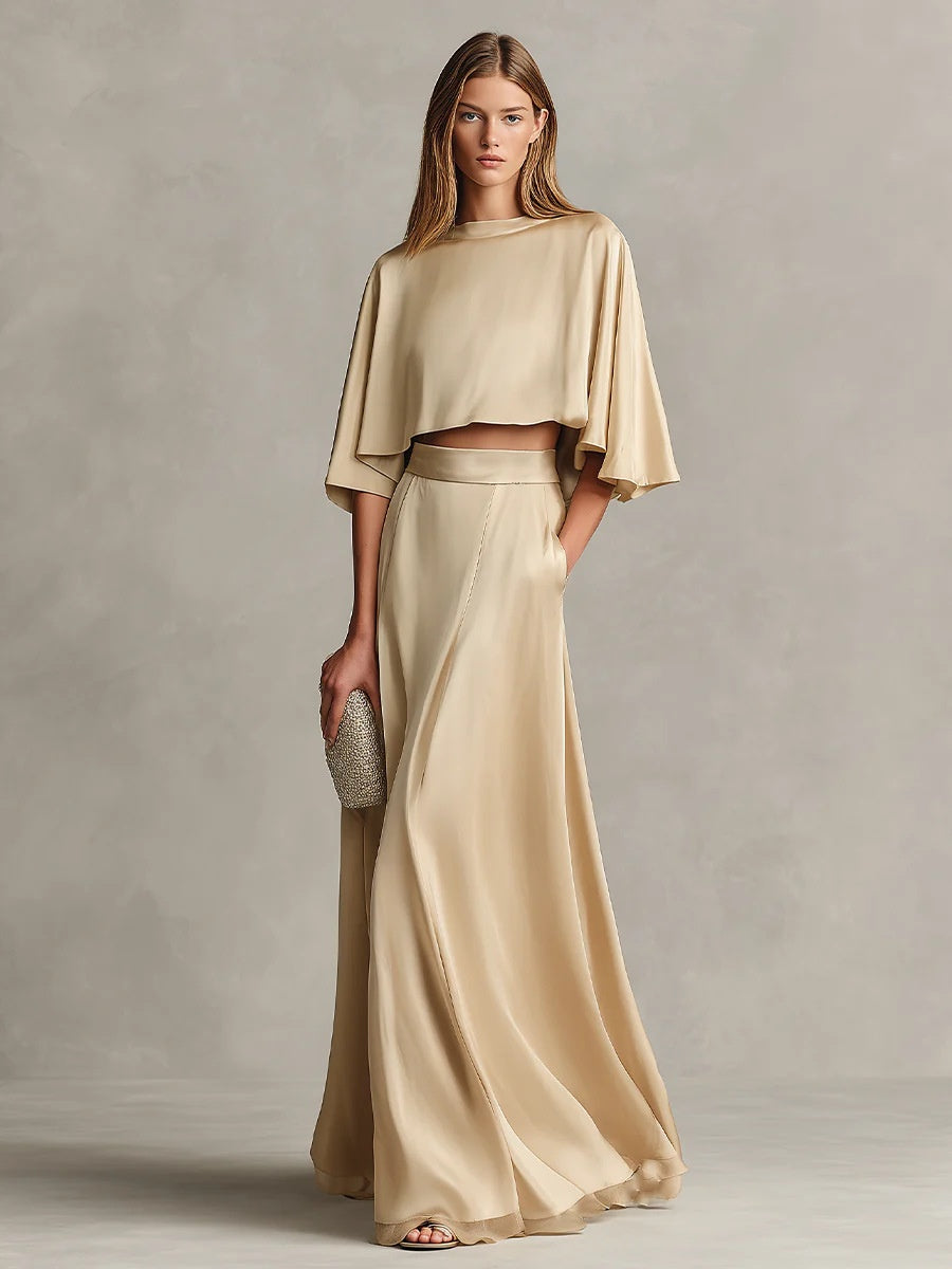 Satin Shawl-Sleeve Long Dress Two-Piece Set