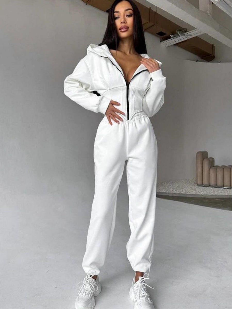 Liber Autumn women's clothing waist design Hooded Zippered solid color long-sleeved cardigan two-piece set