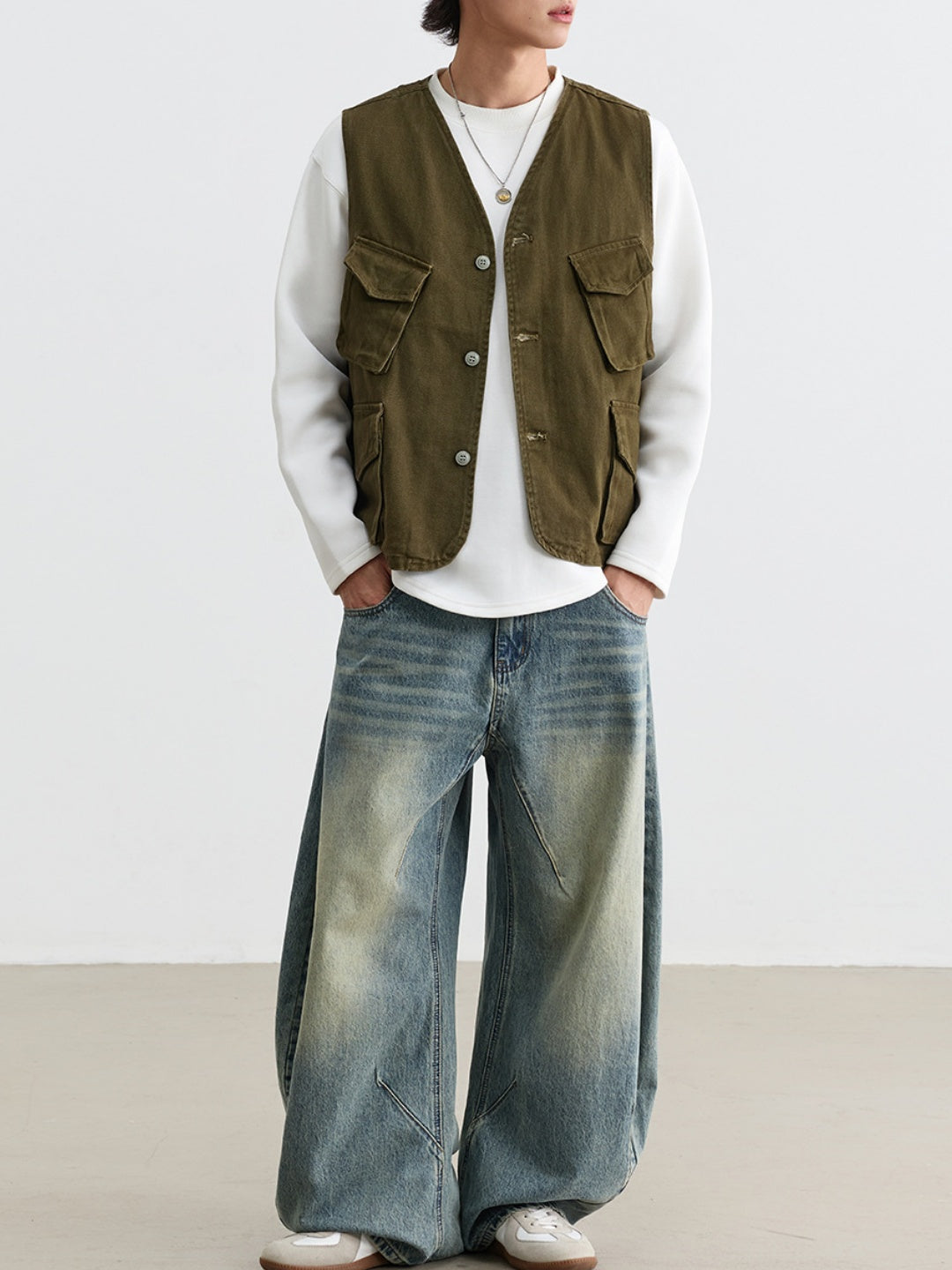 Distressed Washed Multiple Pockets Tooling Vests