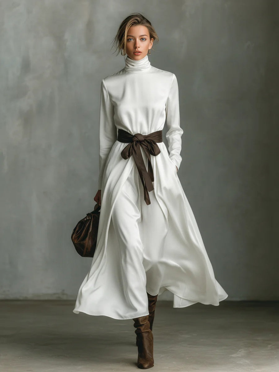 High-neck Long-sleeved Dress With Contrasting Belt