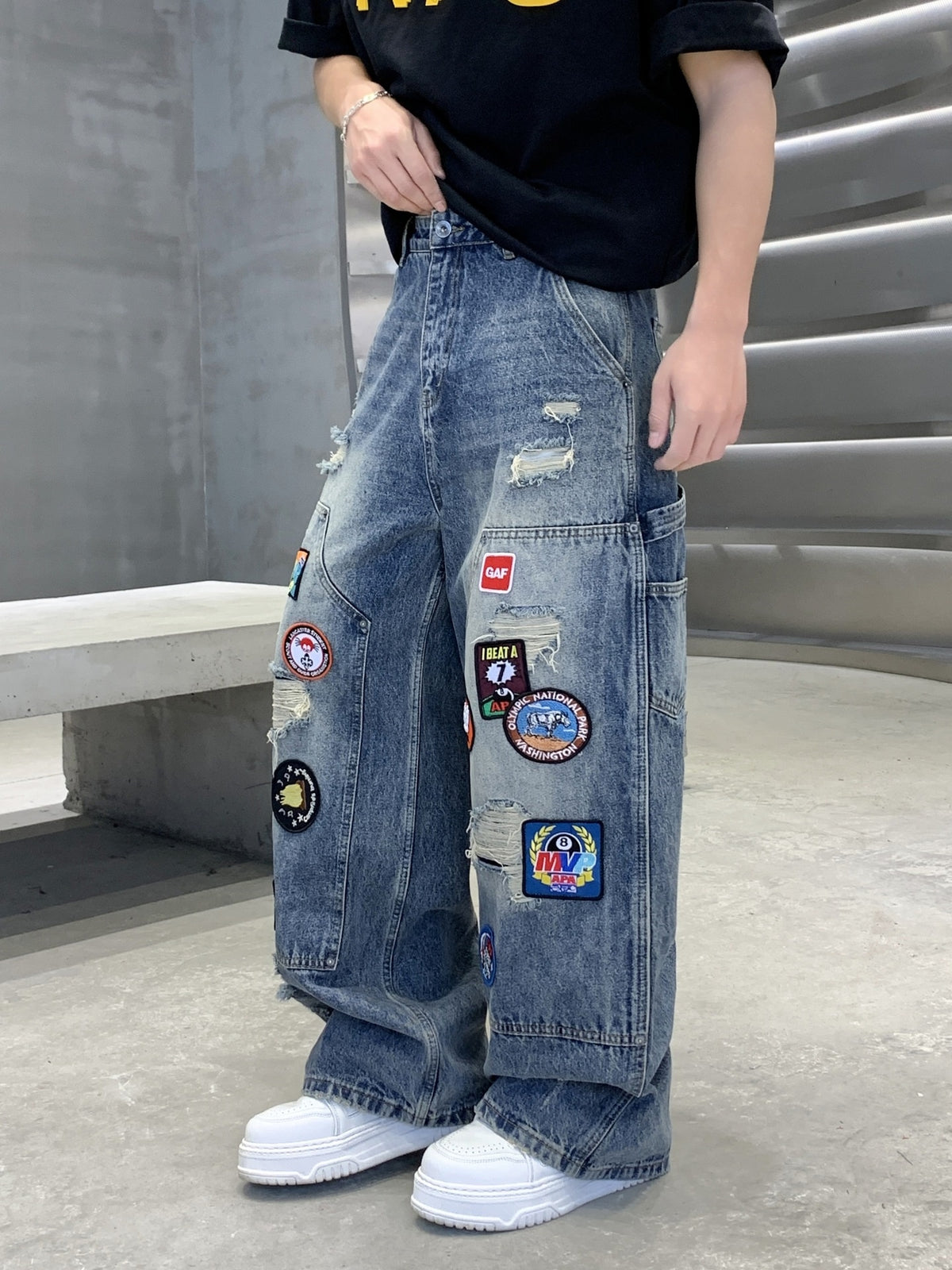 Badge Embroidery Denim Loose-fit Patchwork Fake Hole Wide-leg Jeans