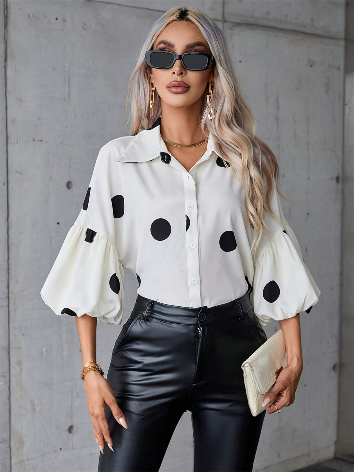 Polka Dots Splicing Balloon Sleeve Blouse