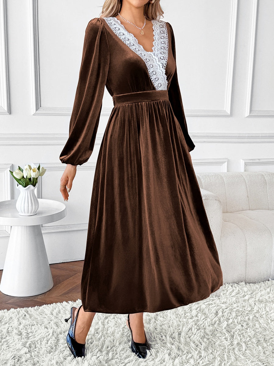 Deep V-neck Velvet Lace Decoration Waist Cocktail Midi Dress