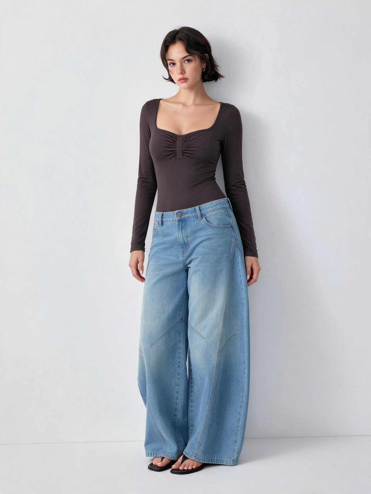 Heart-shaped Square Neck Long-sleeved Knitted Slim-fit Bodysuit/trousers
