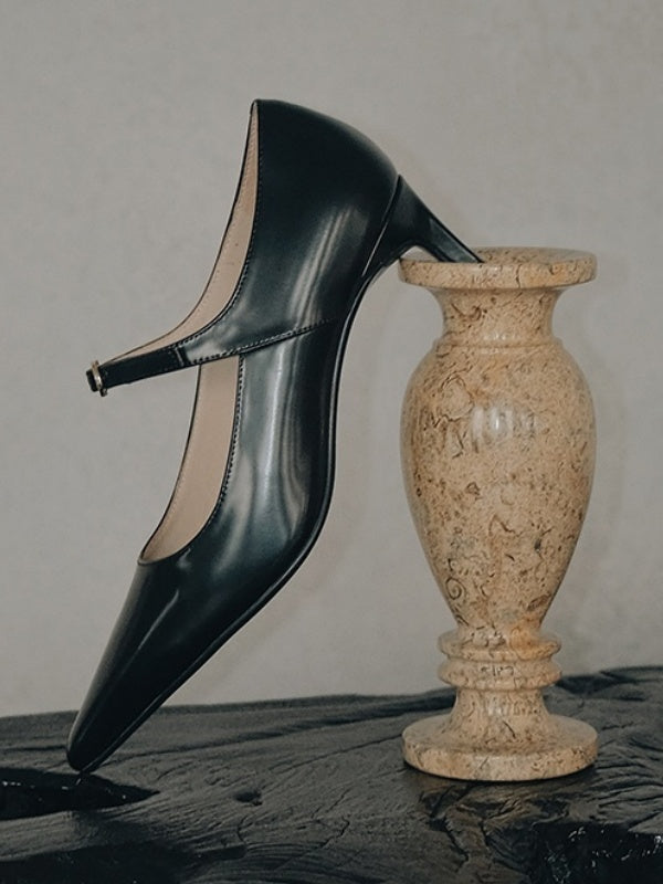 BIUCILI "Dark Night Muse" Pointed-Toe Mary Jane Elegant Low-Cut Black Flats