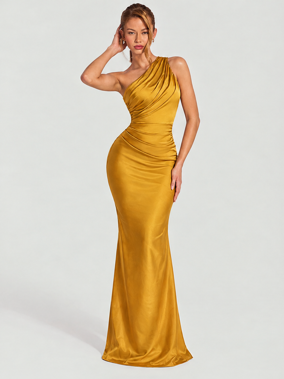 Asymmetrical Shoulder Pleated Satin Solid Color Maxi Dresses