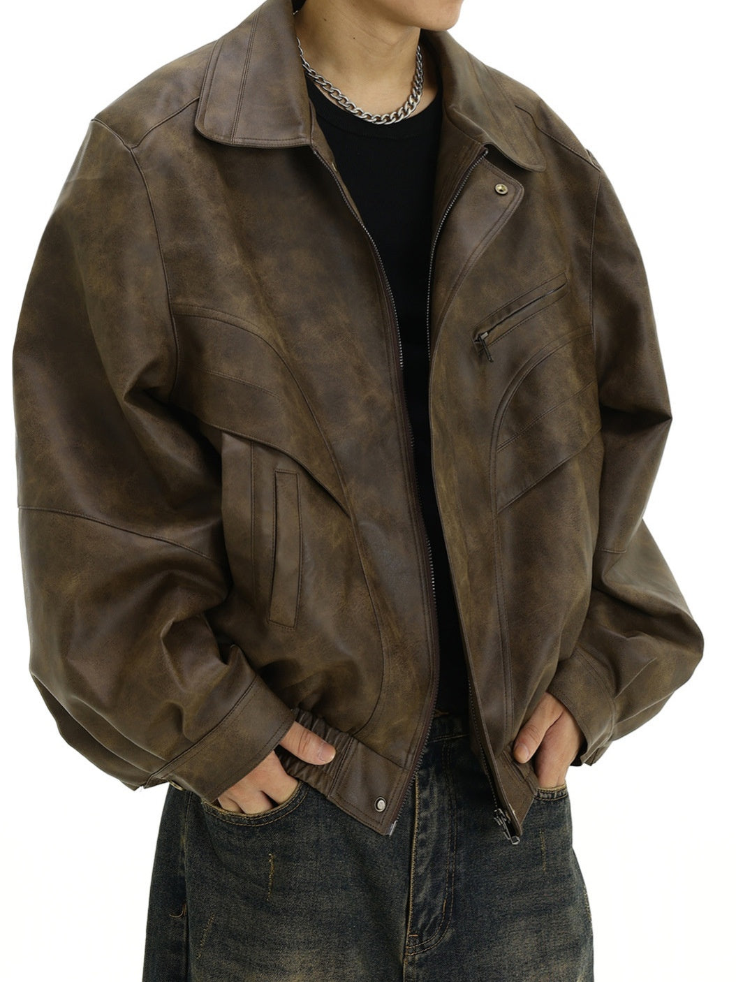 Braune Lederjacke mit Used-Look-Revers
