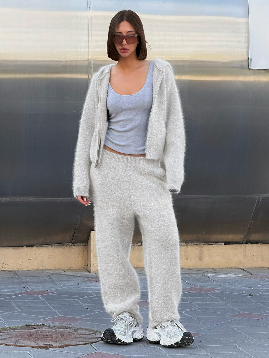 Faux Mink Fur Hooded Zip-up Cardigan Sweater With Double Pockets And Knitted Trousers Two-piece Set