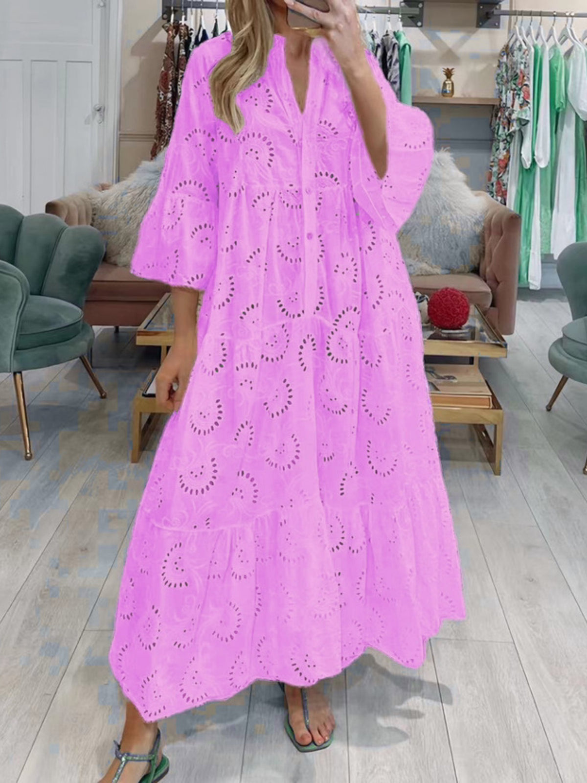 Lace Cutout V-neck Buttons Flare Sleeve Maxi Dresses