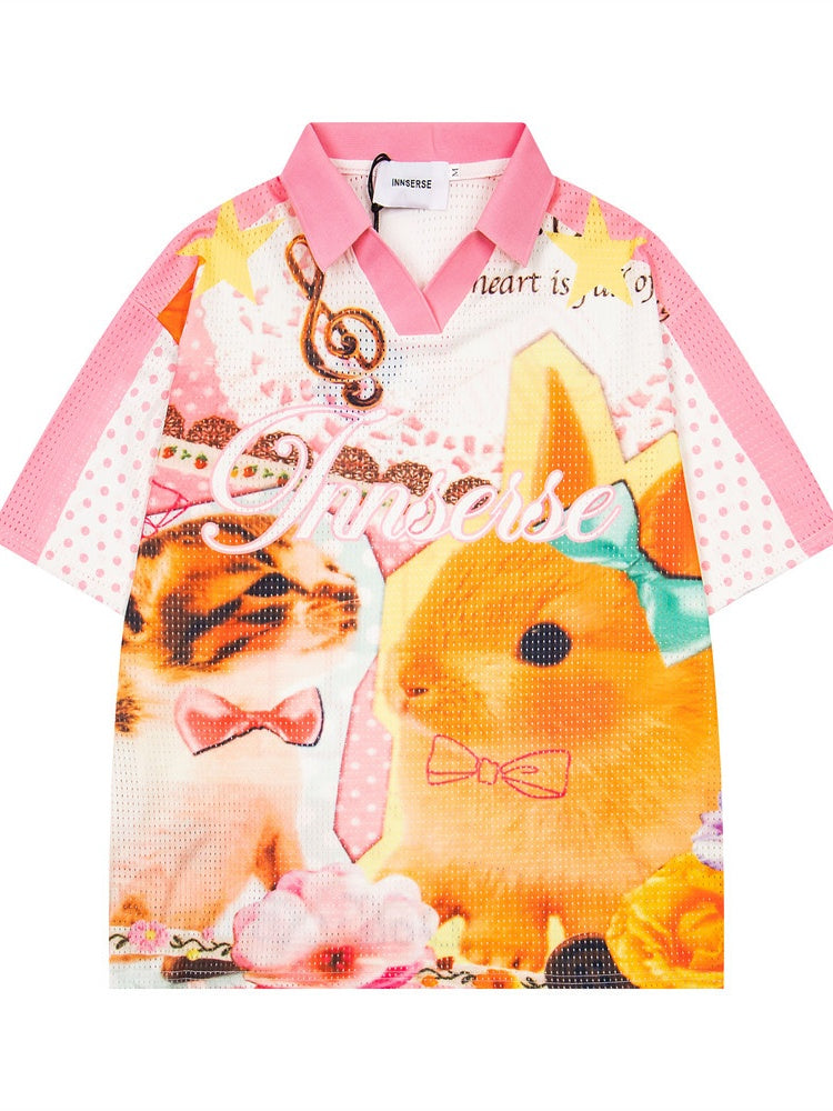 Cartoon Printed Loose-fit Mesh Breathable Quick-drying T-shirts