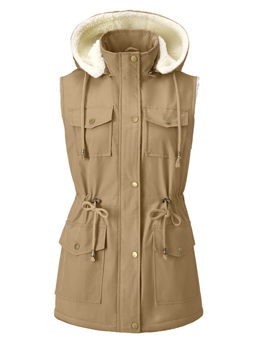 Vest-style Hooded Vests Imitation Lambskin Multi-pocket Sleeveless Workwear Jacket/windbreaker