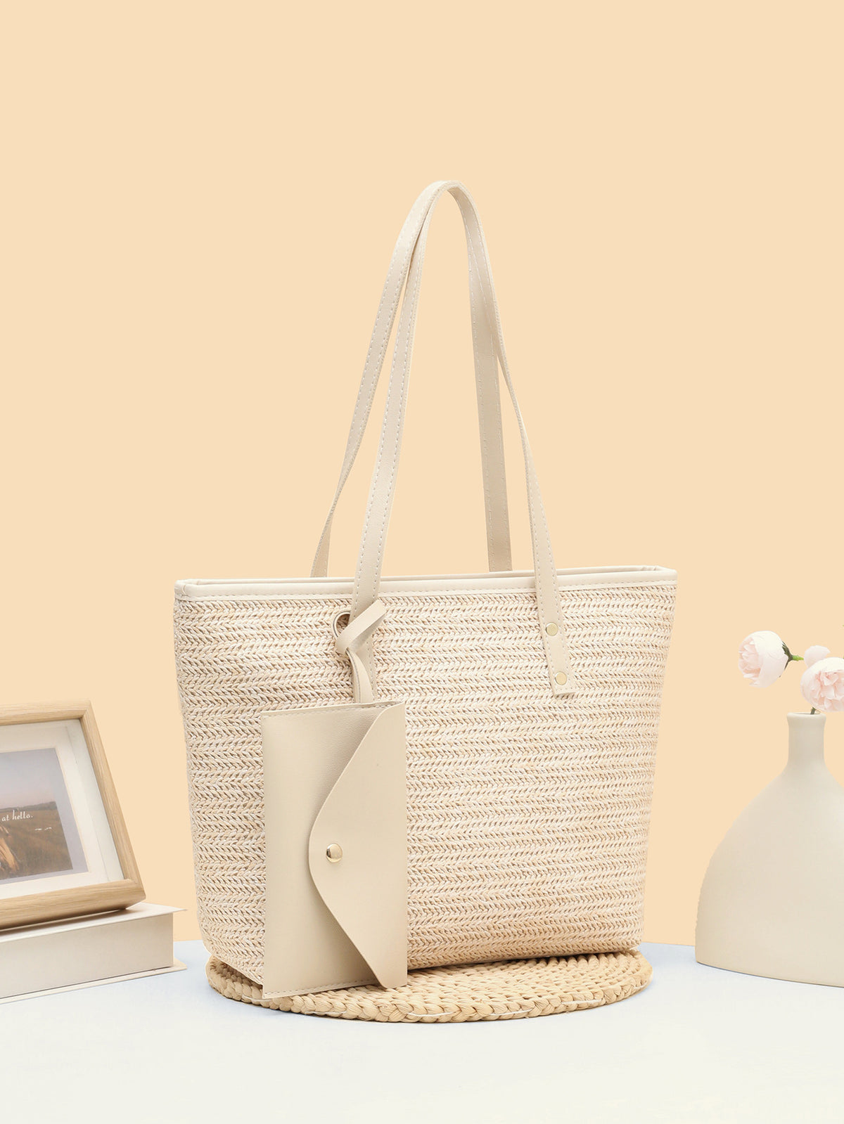 Solid Color Straw Woven Vacation Tote Bag