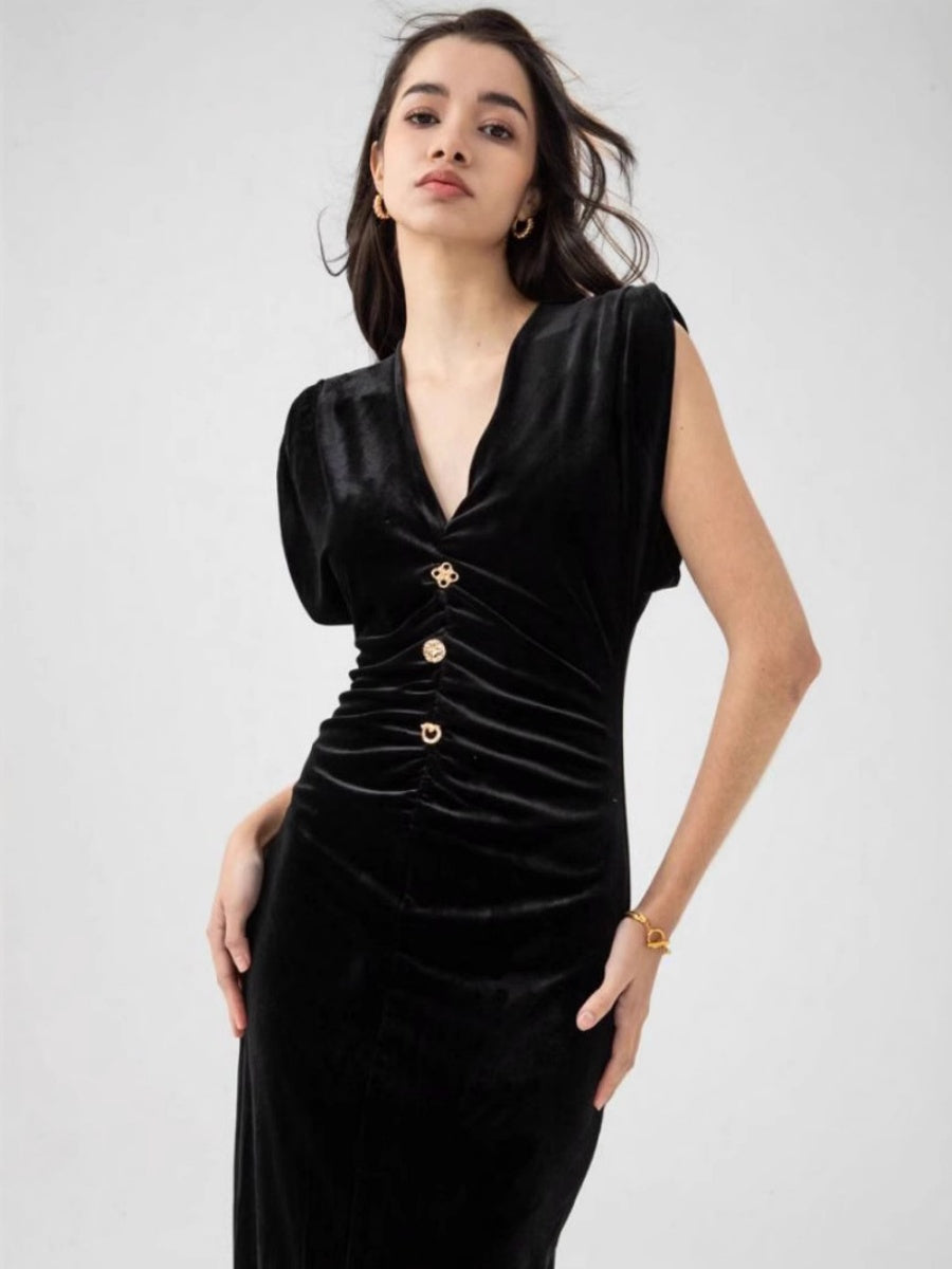 V-neck Suede Pleated Long Dress