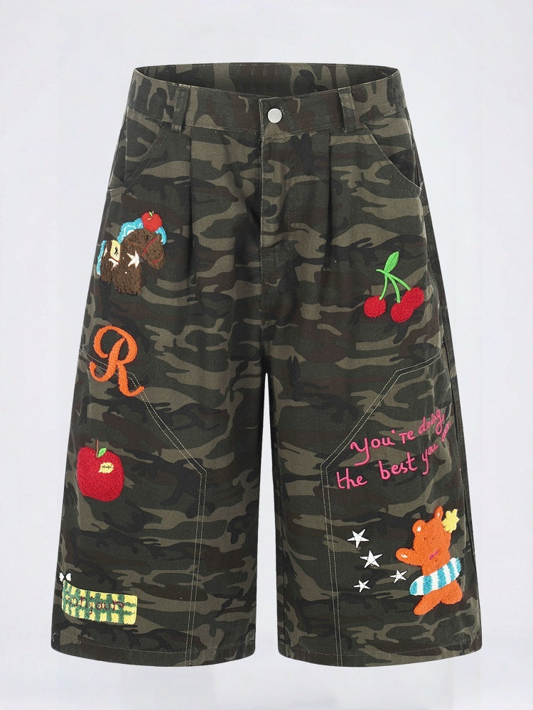 Cartoon Embroidery Camouflage Work Clothes Vibe Wide Leg Five Points Shorts