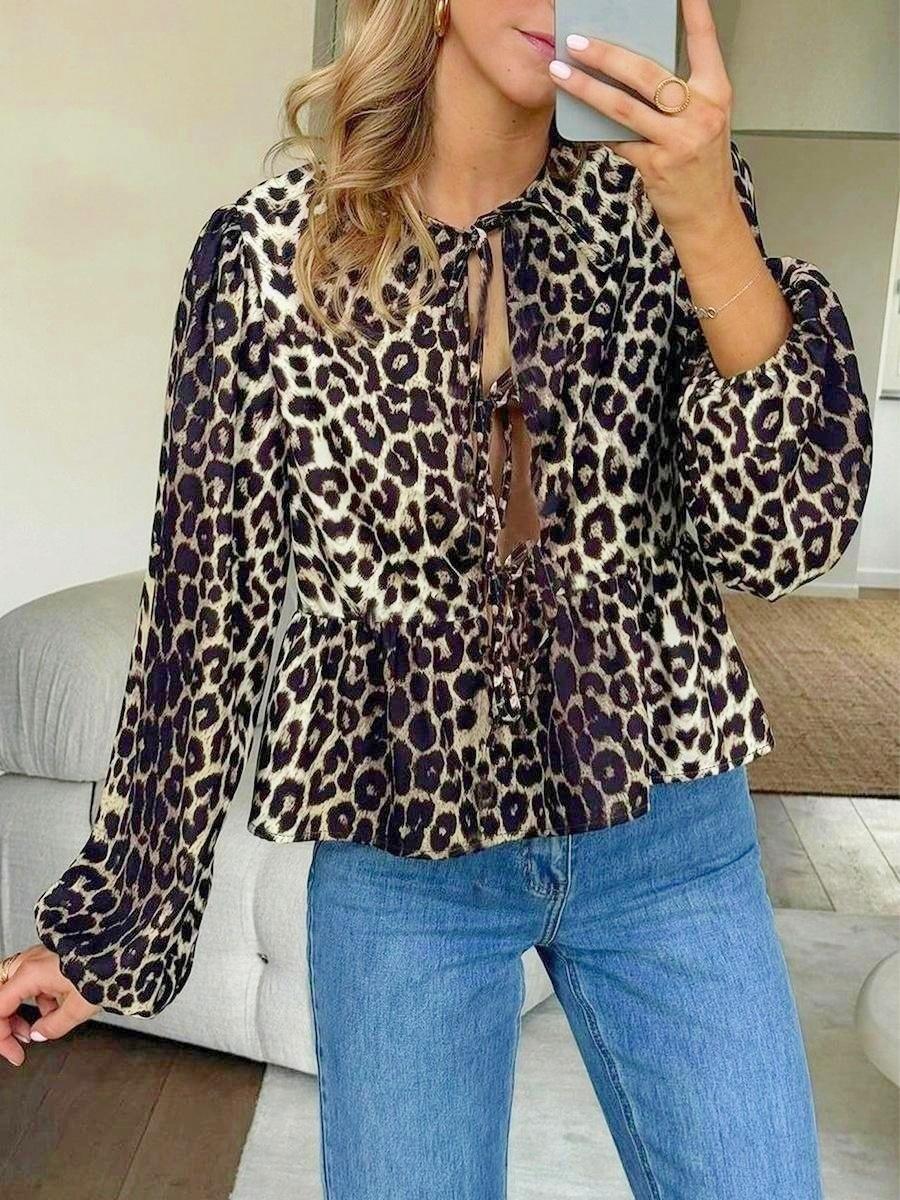 Leopard Long Sleeve Loose Lace Up Shirts