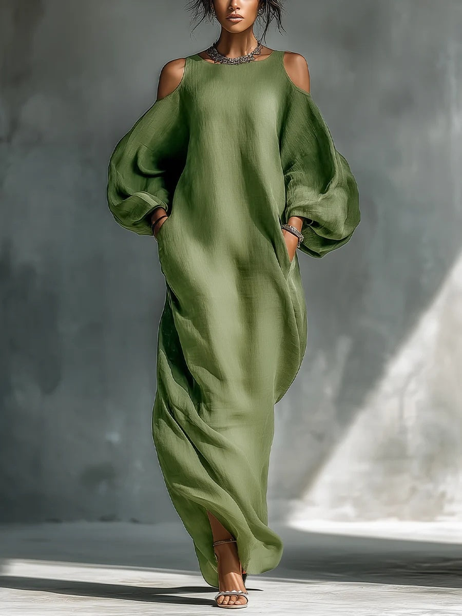 Long-sleeved, Off-shoulder, Mid-waisted Pullover Dress