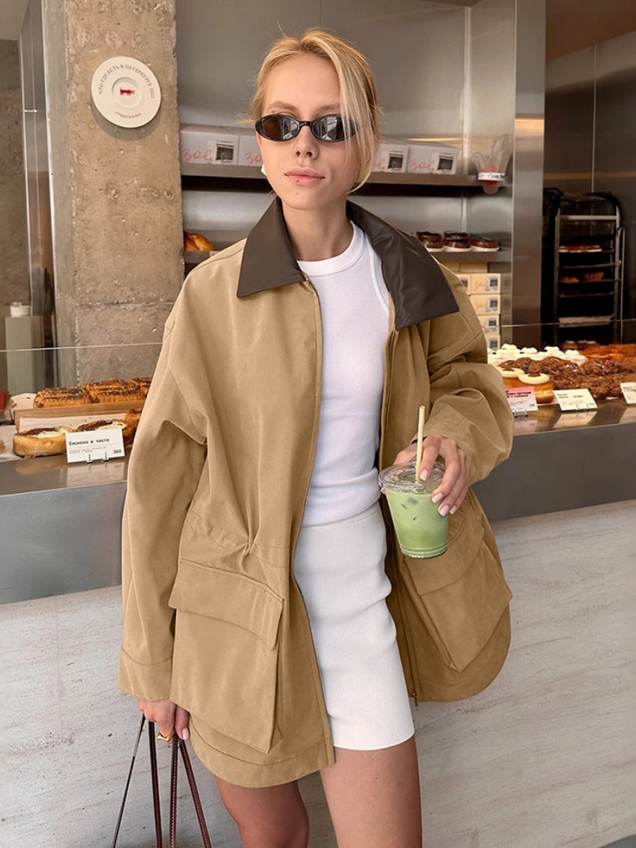 Regular Large Pockets Zipper Paneled Collar Trench Coat