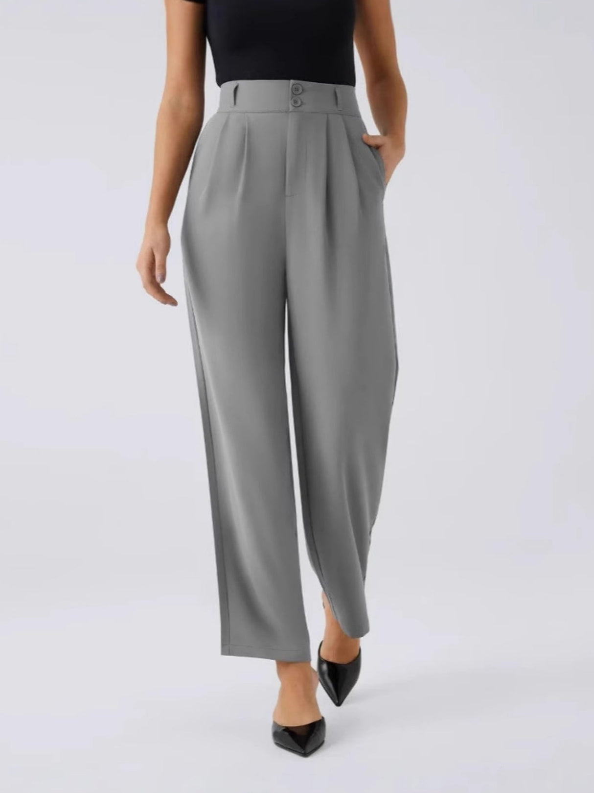 Pleated Button Solid Color High Waist Straight Leg Pants Temperament Drape French Trousers