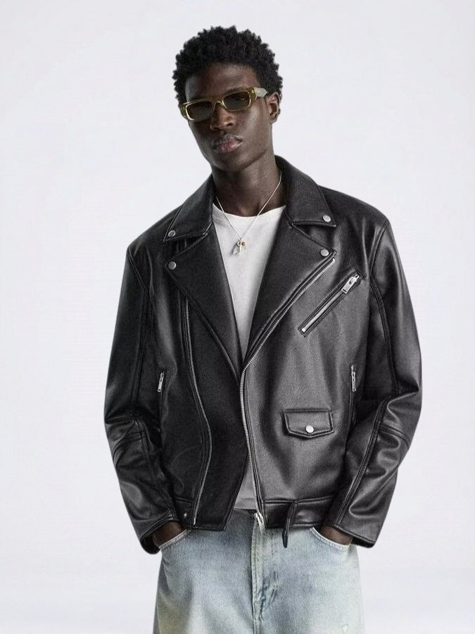 Loose-fit Cropped Locomotive PU Leather Jacket