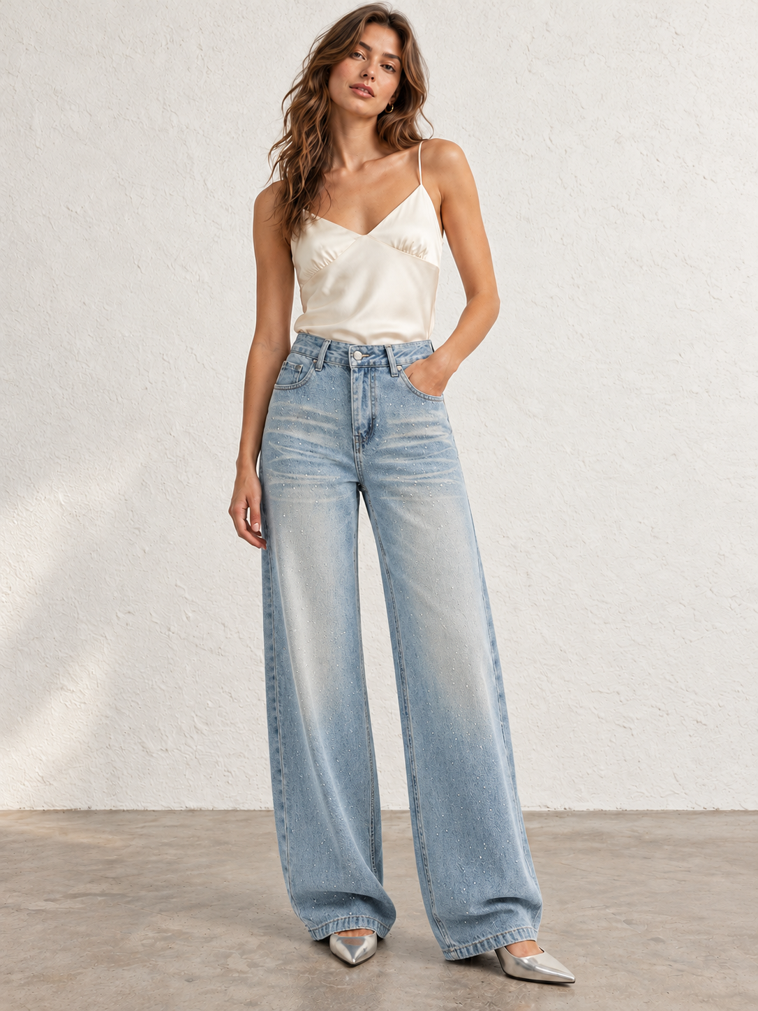 Autumn/Winter Women's Blue Retro Washed Jeans With Rhinestones