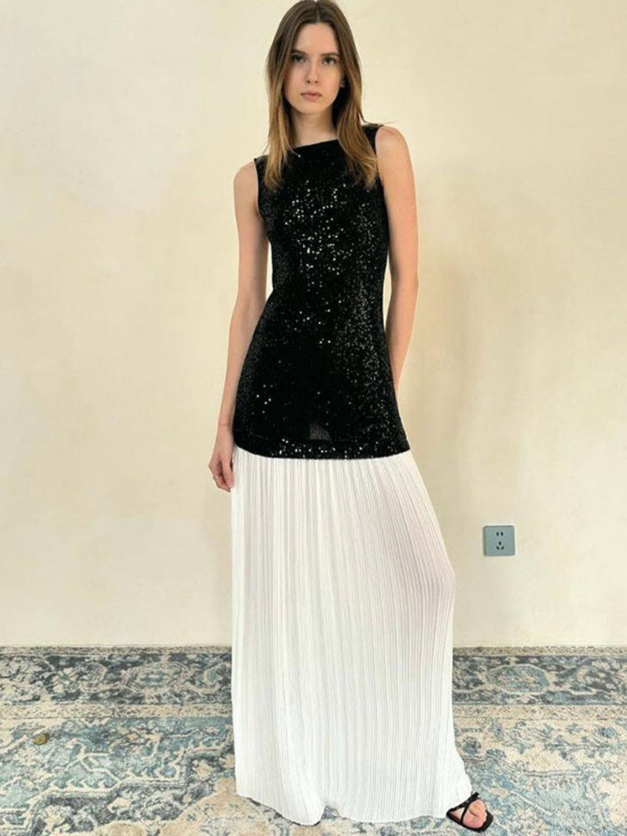 Liber Autumn Women's Sequins Black and white contrast Maxi Dresses