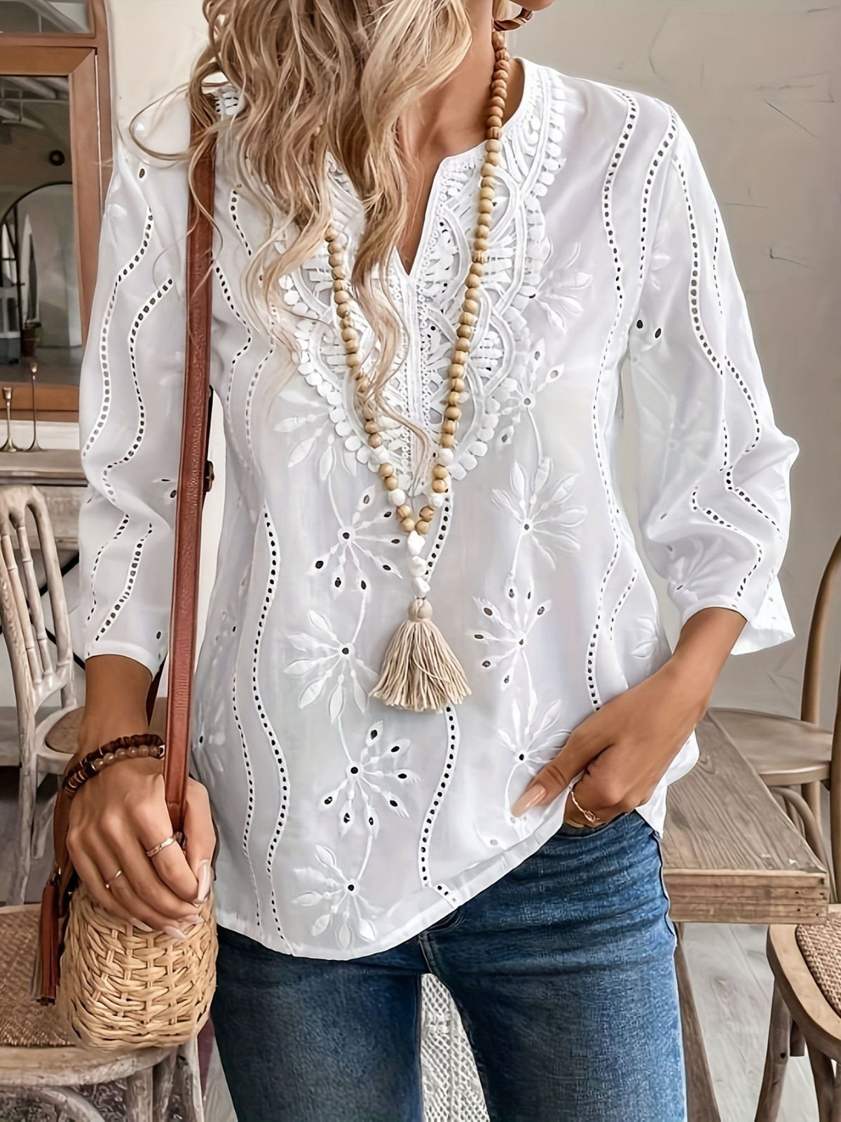 Lace Cutout Chiffon Embroidery V-neck Flare Sleeve Long-sleeved T-shirt