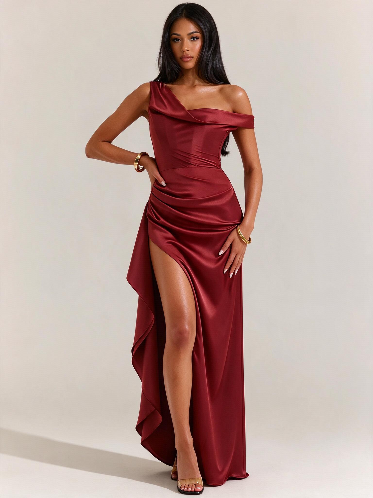 Asymmetrical Satin Shoulder Design With A Cinched Waist Solid Color Maxi Dresses