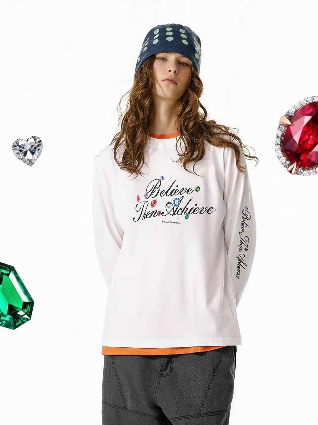 Crystal Lucky Alphabet Gem Print Long-sleeved T-shirt