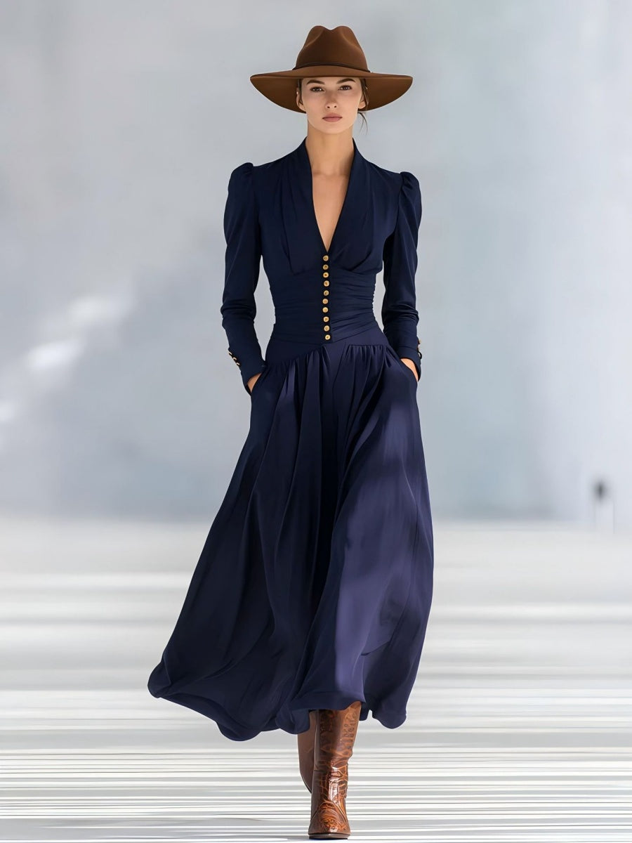 V-neck Puff Sleeve Long-sleeved Midi Dress
