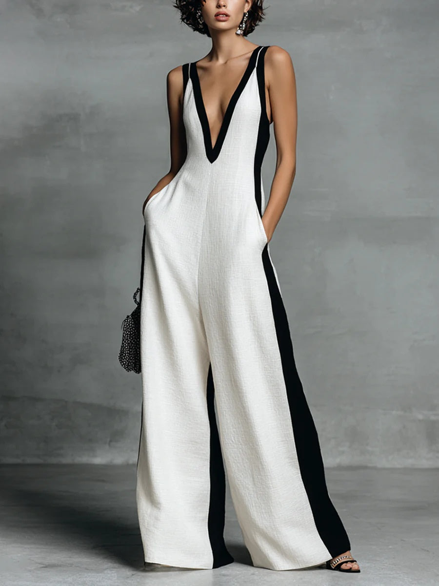 Black And White Cotton Linen Color-blocked Spaghetti Strap Jumpsuit