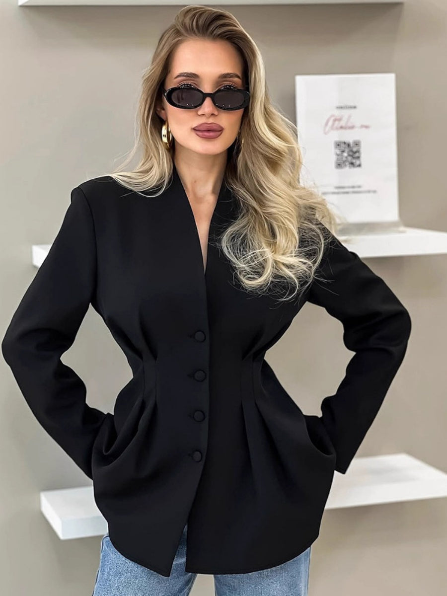 V-neck Waist Button-down Blazer