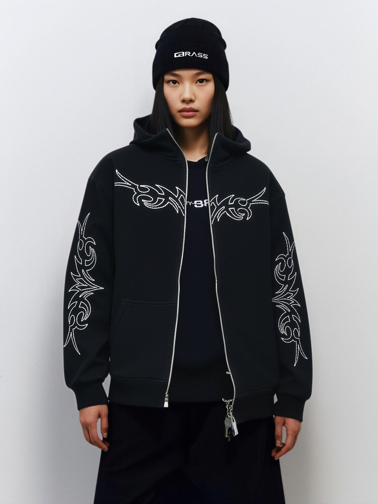 Crew Neck Loose Letter Rhinestone Zip-up Hoodie