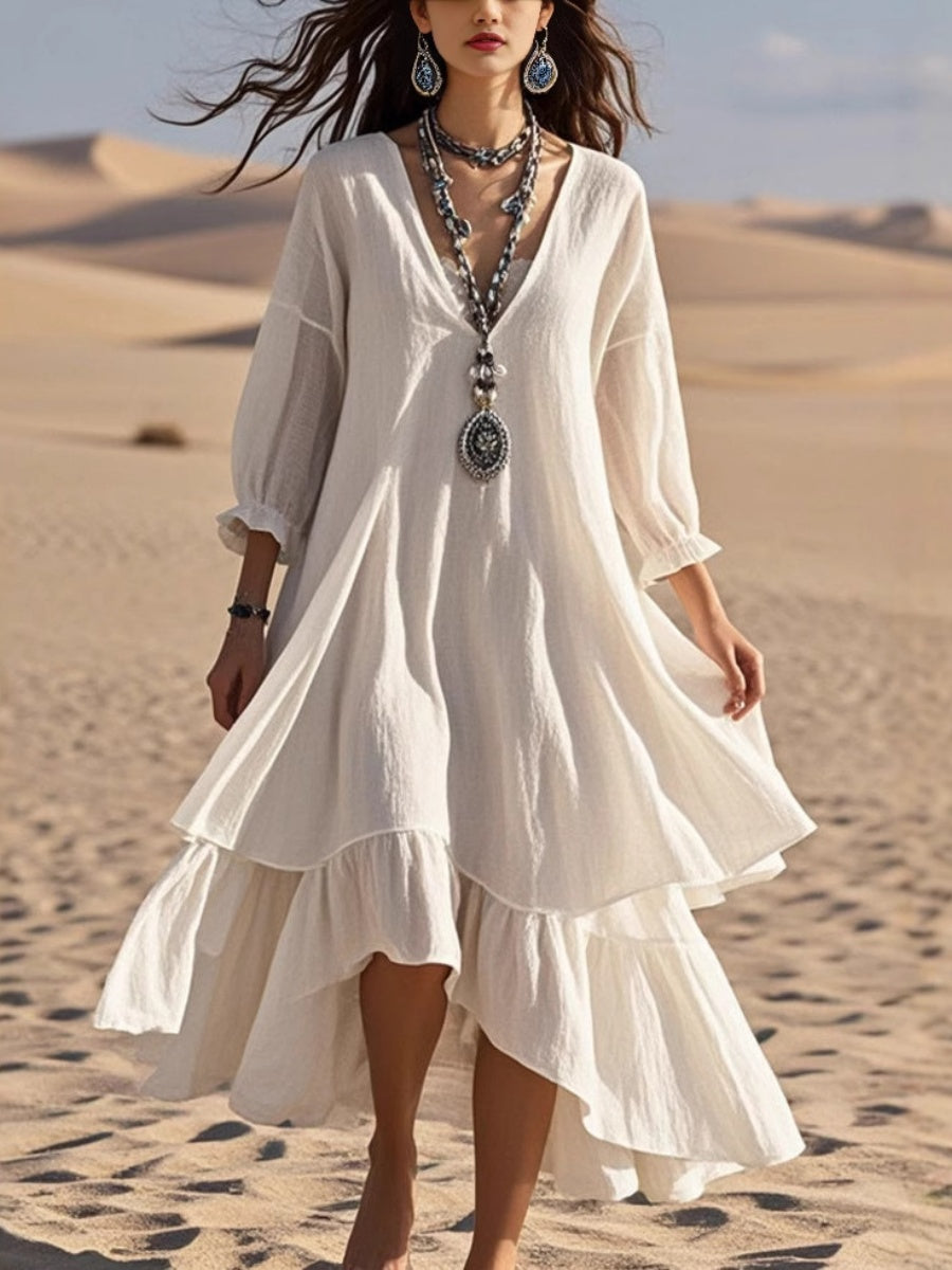 Cotton And Linen White Long Sleeve V-neck Maxi Dresses