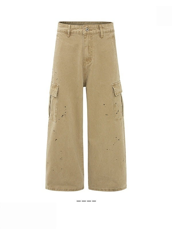 Multi-pocket Design Loose Splashing Ink Old Straight Pants