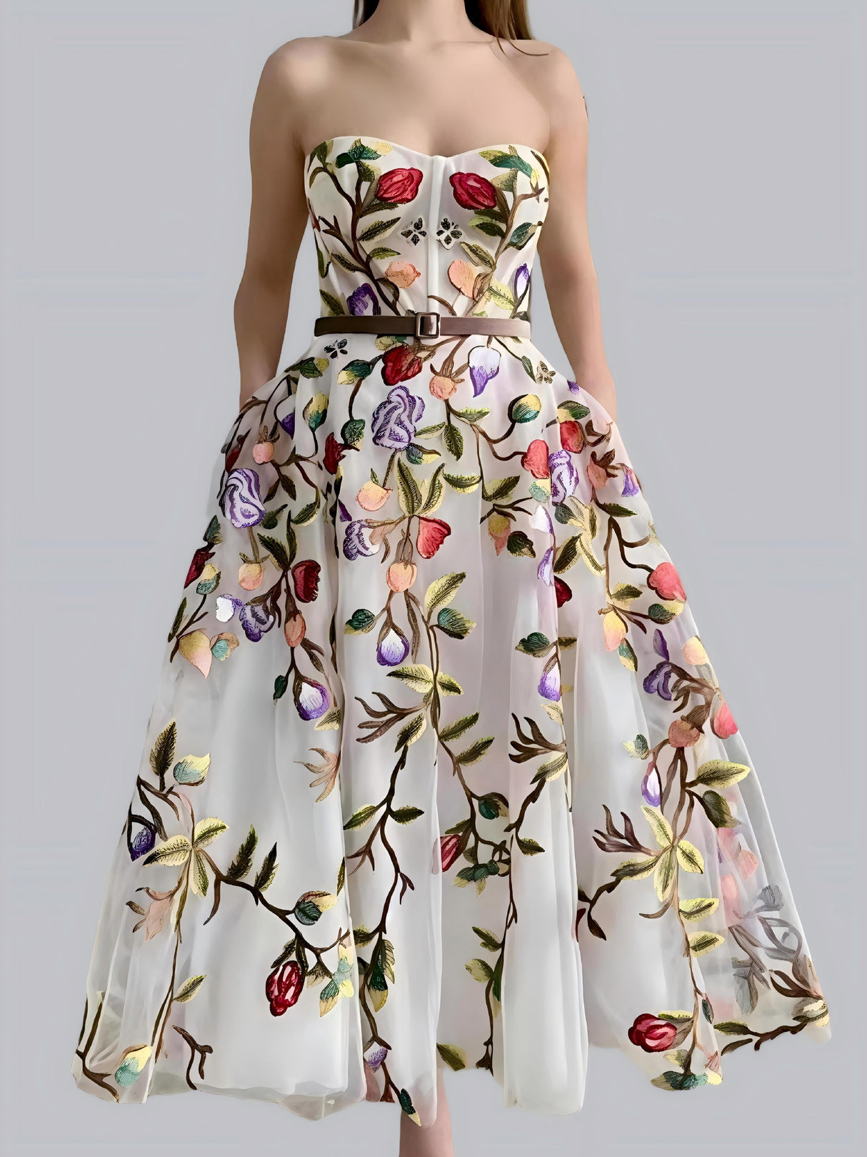 White 3D Flower Embroidery Mesh Off-shoulder Strapless Top Maxi Dresses