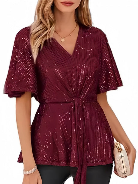 V-neck Pullover Sequins Tie-strap Mesh/see-through Top