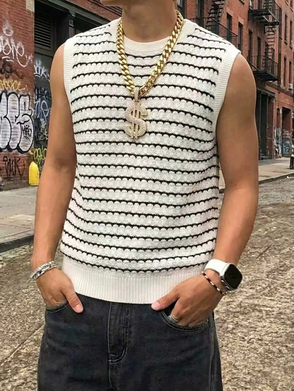Color-blocked Black And White Stripes Knitting Tank Tops