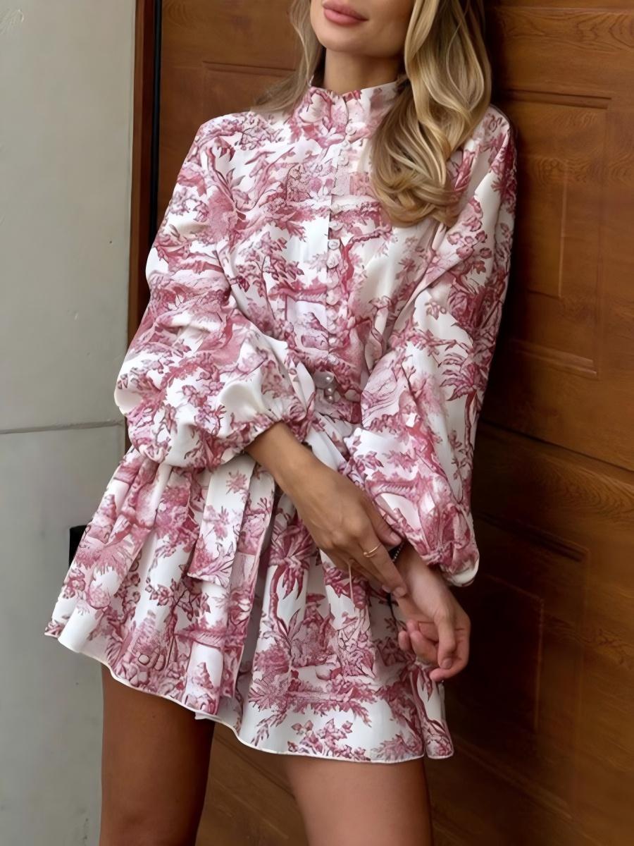 Elegant And Fashionable Long-sleeved Tie Printed Mini&Short Dresses