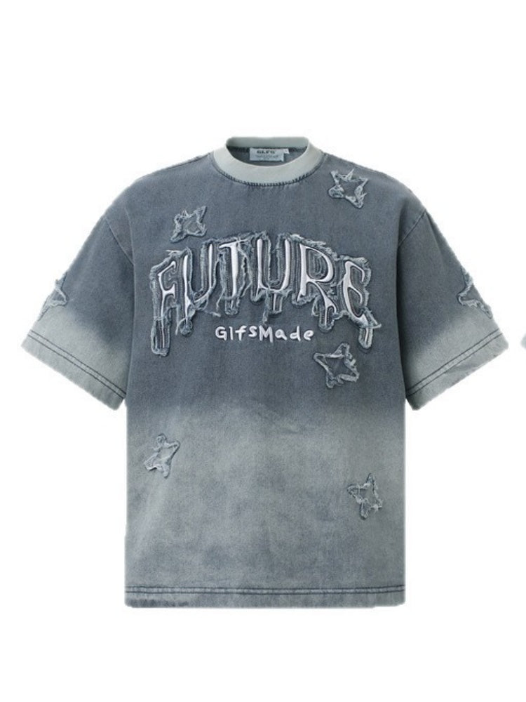 Washed Patches Stereo Embroidery Denim T-shirt